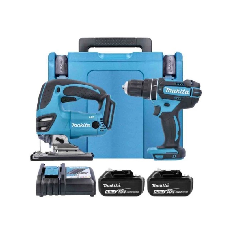 Makita DLX2134TJ 18V LXT Cordless Combi Drill & Jigsaw With 2 x 5.0Ah Batteries, Charger & Makpac Type 4 Case