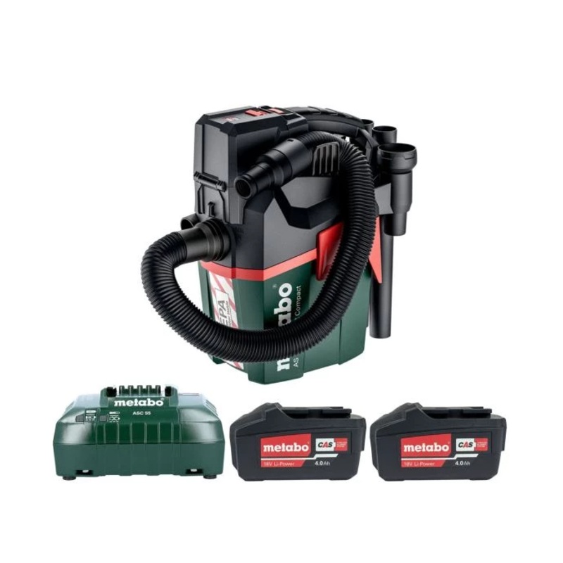 Metabo AS18 HEPA PC COMPACT 18V L Class HEPA Filter Cordless Wet & Dry Vacuum Cleaner With 2 x 4.0Ah Batteries & Charger