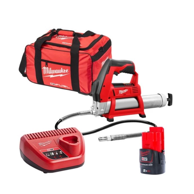 Milwaukee M12GG 12V Cordless Grease Gun With 1 x 2.0Ah Battery, Charger & Tool Bag