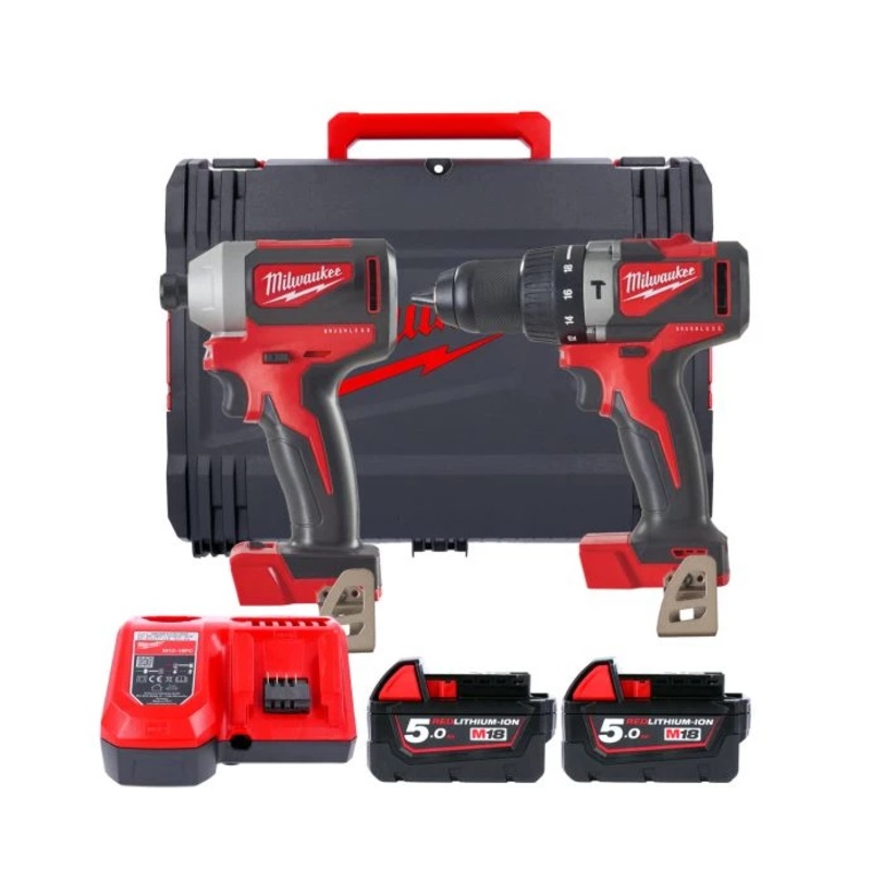 Milwaukee M18BLPP2A2-502X 18V Brushless Combi Drill & Impact Driver With 2 x 5.0Ah Batteries, Charger & Case
