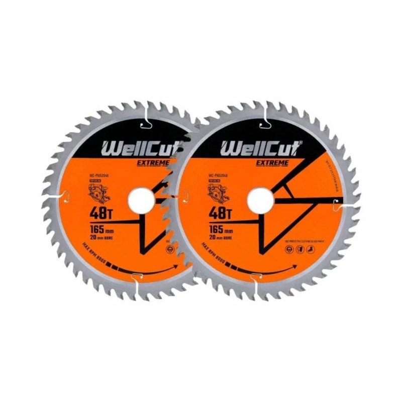WellCut TCT Circular Saw Blades 165mm x 20mm x 48T Fine Cutting Wood Saw Blades Compatible with all Brands Pack of 2