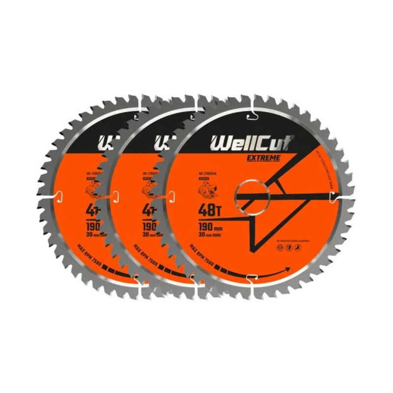WellCut TCT Circular Saw Blades 190mm x 30mm x 48T Fine Cutting Wood Saw Blades Compatible with all Brands Pack of 3