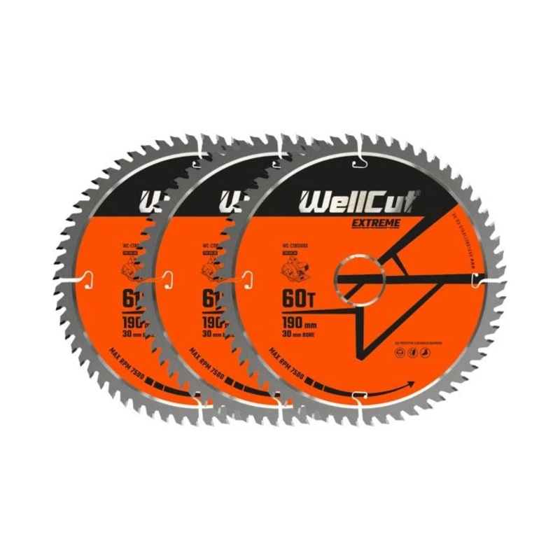 WellCut TCT Circular Saw Blades 190mm x 30mm x 60T Fine Cutting Wood Saw Blades Compatible with all Brands Pack of 3