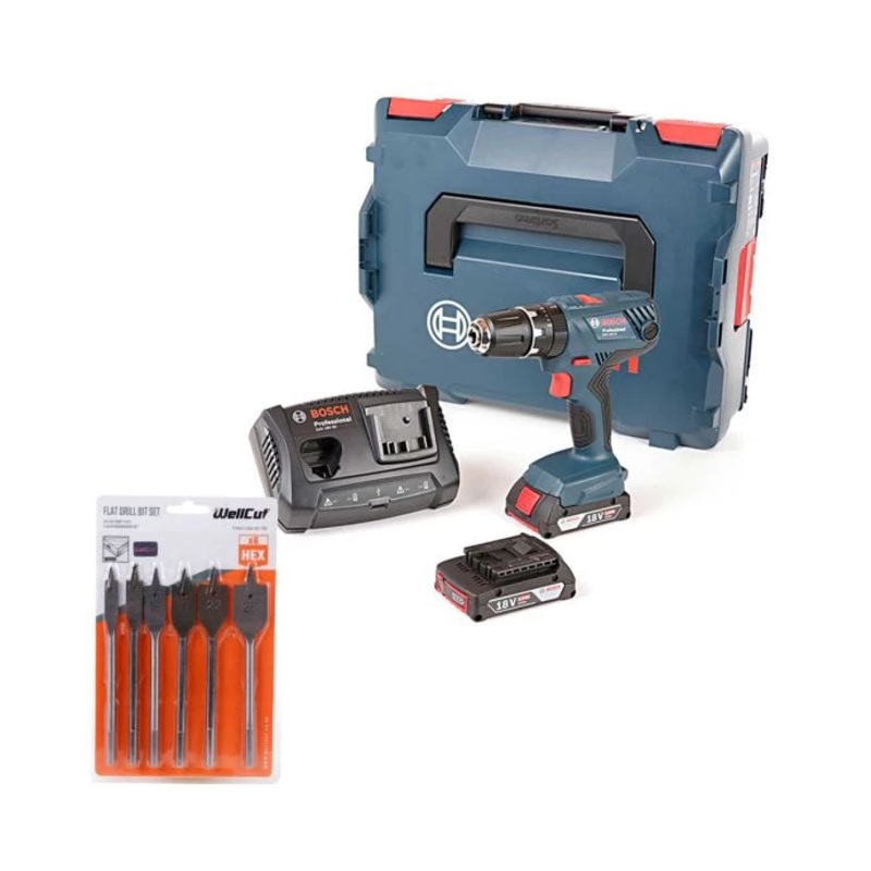 Bosch GSB18V-21 Combi Drill + 6Pc Flat Wood Drill Bit