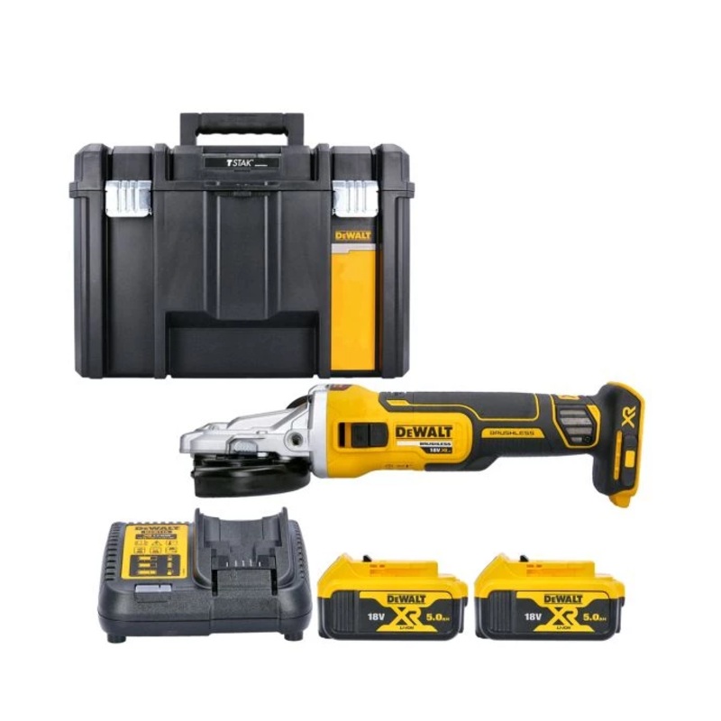 DeWalt DCG405FN 18V XR Brushless 125mm Flathead Angle Grinder With 2 x 5.0Ah Batteries, Charger & Case
