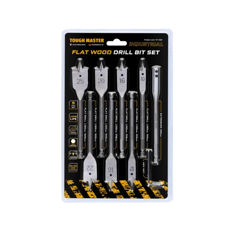 TOUGH MASTER Paddle Flat Wood Drill Bit Set with Extension & Hex Key – 9 Pieces (TM-FDB9)