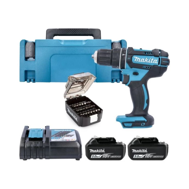 Makita Combi Drill DHP482JX14 18V LXT Cordless 1/2″ 2-Speed Keyless Chuck Max 62Nm With 2 x 5.0Ah Batteries, Charger, 21 Pcs Bit Set & Case Type 2