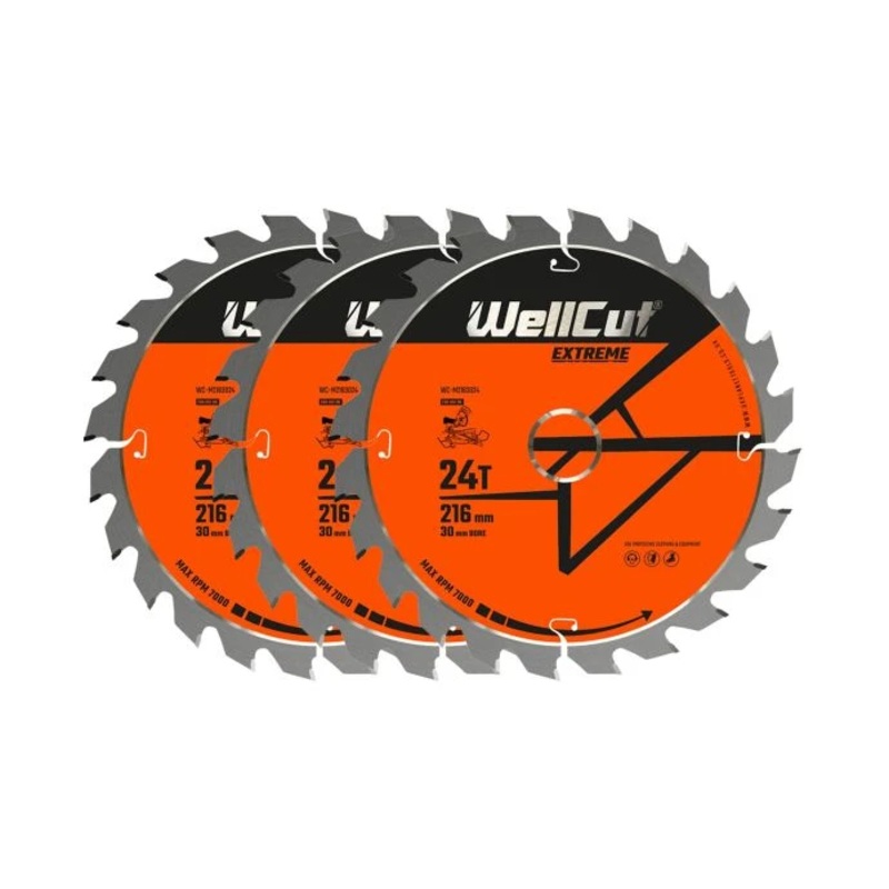 WellCut TCT Circular Saw Blades 216mm x 30mm x 24T Fine Cutting Wood Saw Blades Compatible with all Brands Pack of 3