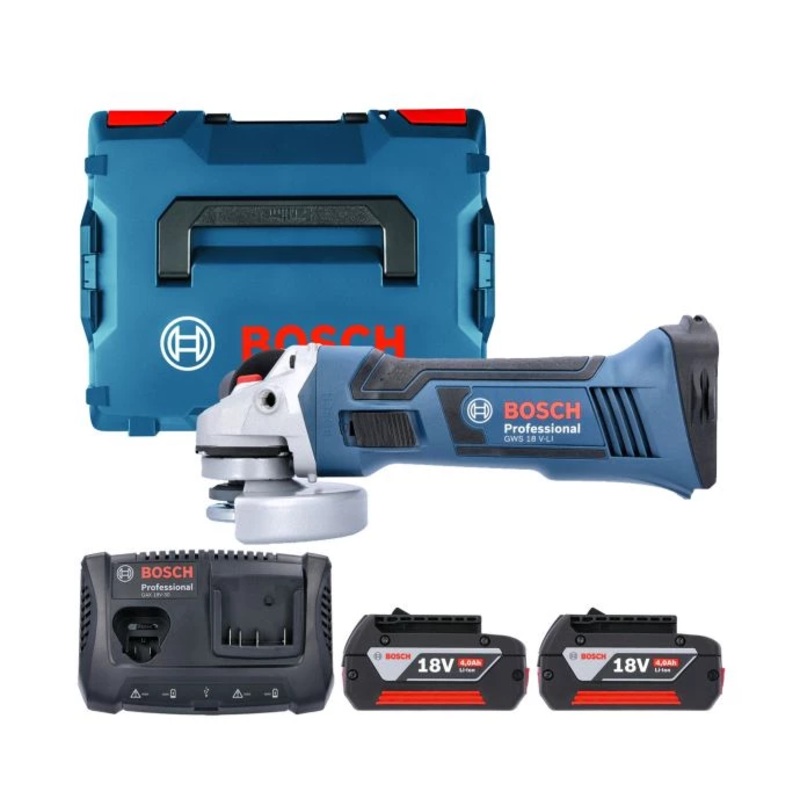 Bosch GWS 18 V-LI Cordless Angle Grinder 115mm With 2 x 4.0Ah Batteries, Charger & L-Boxx