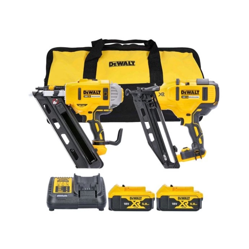 DeWalt DCK2046P2 18V XR Cordless Brushless Finishing & Framing Nailer Twin Pack With 2 x 5.0Ah Batteries, Charger & Tool Bag