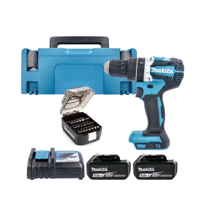 Makita Combi Drill DHP484TJX9 18V LXT Cordless Brushless 1/2″ 2-Speed Keyless Chuck Max 54Nm With 2 x 5.0Ah Batteries, Charger & Case