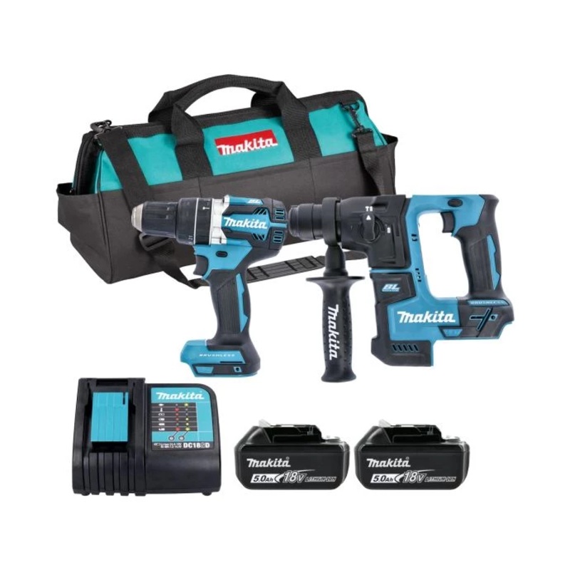 Makita DLX2278TX1 18V LXT Cordless Brushless Combi Drill & SDS Plus Hammer Drill Twin Pack With 2 x 5.0Ah Batteries, Charger & Tool Bag