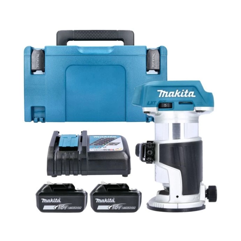 Makita Router Trimmer DRT50Z 18V LXT Cordless Brushless 3/8″ and 1/4″ 6/8mm Collet Capacity 800W With 2 x 5.0Ah Batteries, Charger & Case Type 3