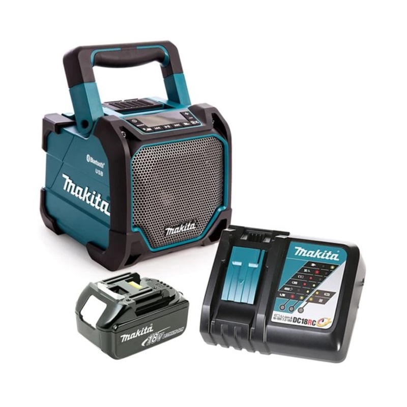 Makita Speaker DMR202 12V Max/18V CXT/LXT Cordless/AC Jobsite With Bluetooth, AUX & USB With 1 x 5.0Ah Battery & Charger