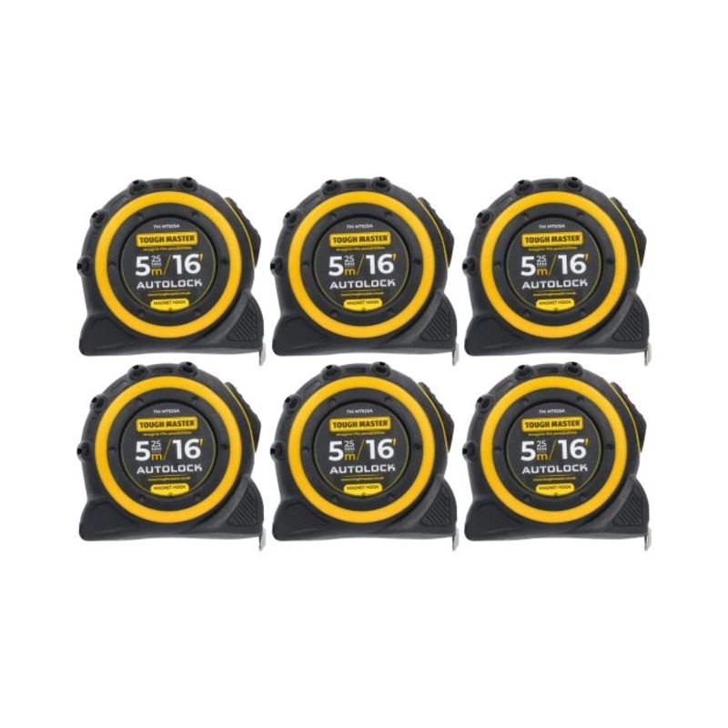 TOUGH MASTER Tape Measure AUTOLOCK with 25mm Magnetic Blade Metric / Imperial – 5 Metres – Pack of 6
