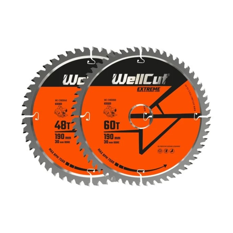 WellCut TCT Circular Saw Blades Mixed Set 190mm x 30mm x 48T/60T Wood Saw Blades Compatible with all Brands Pack of 2