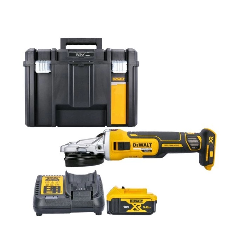 DeWalt DCG405FN 18V XR Brushless 125mm Flathead Angle Grinder With 1 x 5.0Ah Battery, Charger & Case