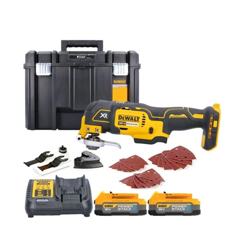 DeWalt DCS355 18V Brushless Oscillating-Multi Tool With Accessories + 2 x 1.7Ah Powerstack Batteries, Charger & T-Stack VI Case