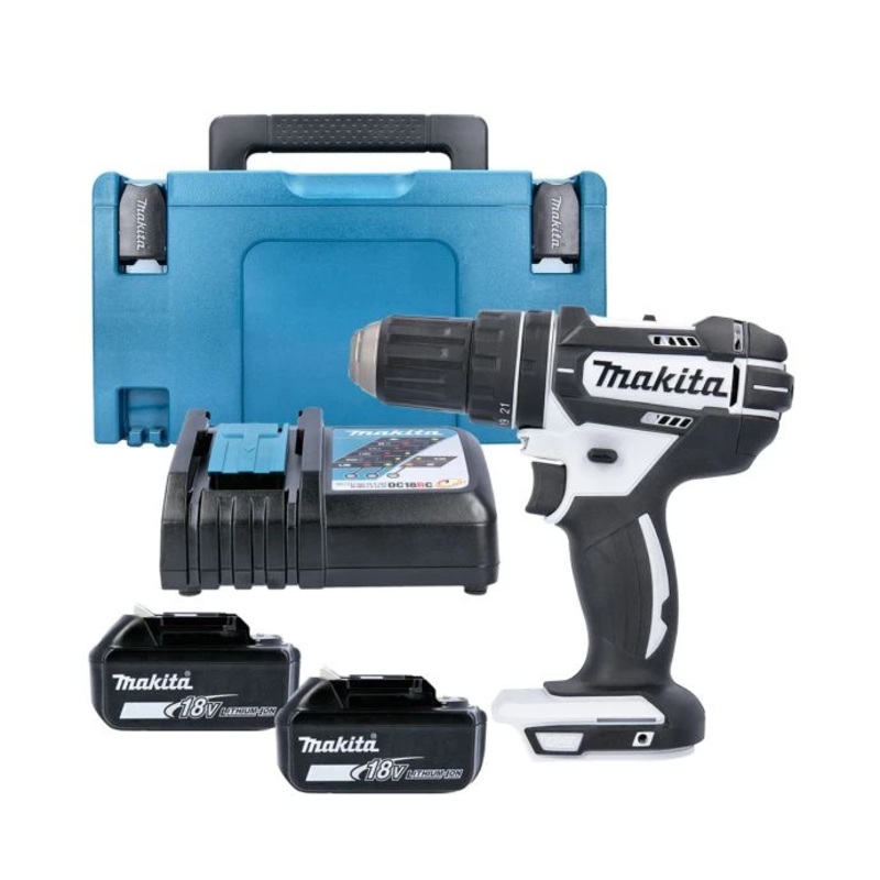 Makita Combi Drill DHP482ZW 18V LXT Cordless 1/2″ 2-Speed Keyless Chuck Max 62Nm White With 2 x 5.0Ah Batteries, Charger & Case Type 2