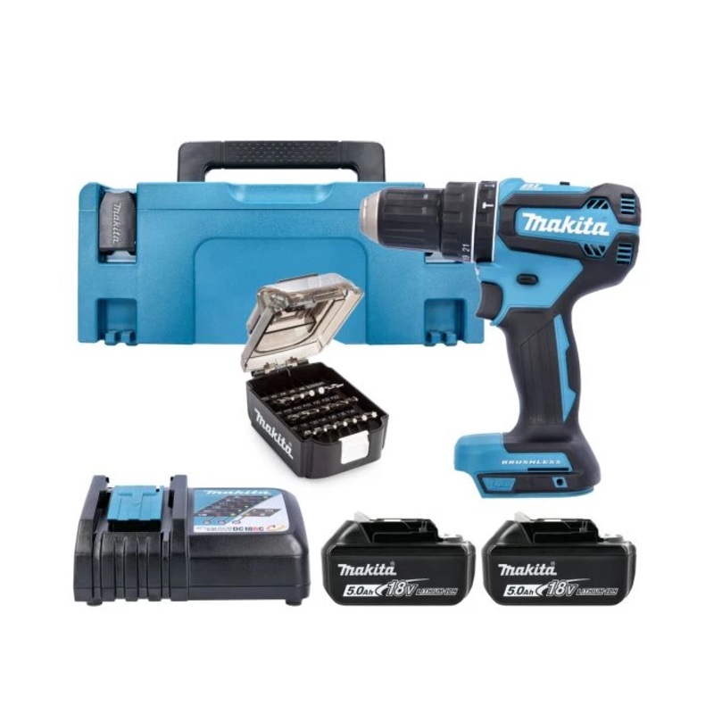 Makita Combi Drill DHP485TJX8 18V LXT Cordless Brushless 1/2″ 2-Speed Keyless Chuck Max 50Nm With 2 x 5.0Ah Batteries, Charger, 21 Pcs Bit Set & Case