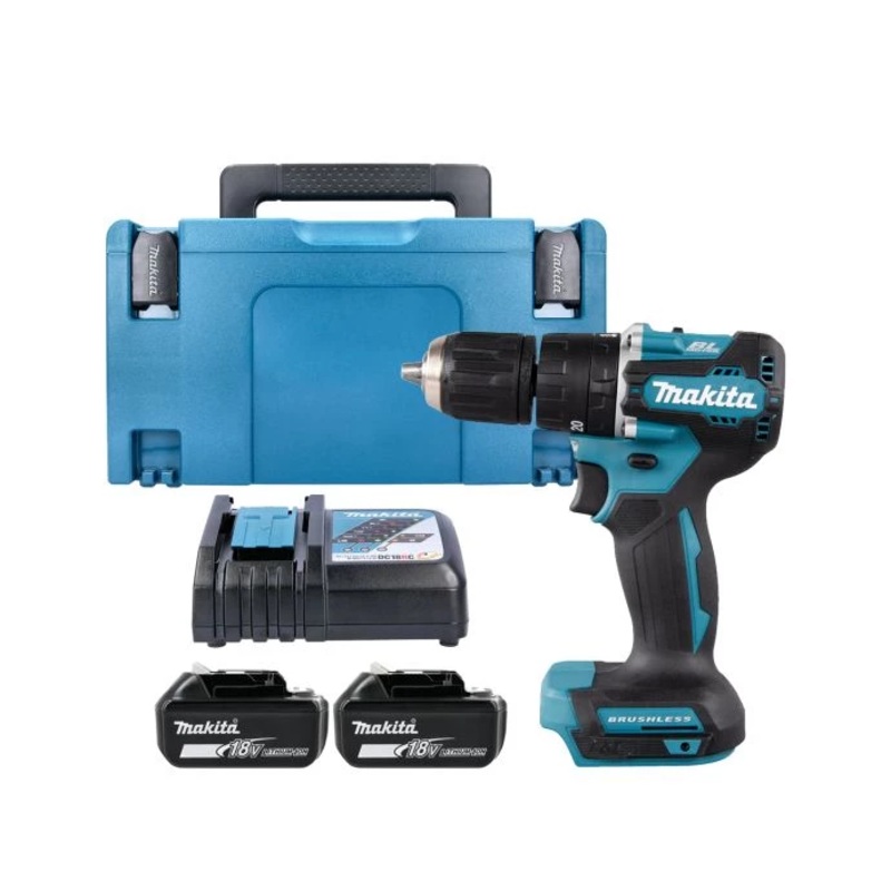 Makita Combi Drill DHP487Z 18V LXT Cordless Brushless 1/2″ 2-Speed Keyless Chuck Max 40Nm With 2 x 5.0Ah Batteries, Charger & Case Type 3