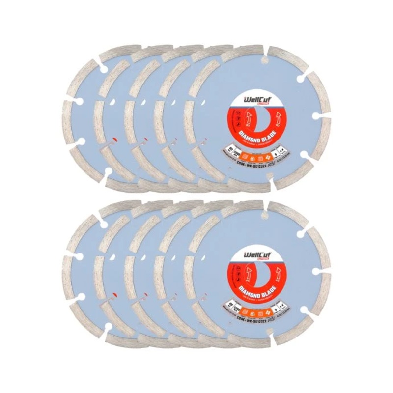 WellCut Diamond Cutting Blades for Angle Grinder 125mm x 22.23mm Segmented Discs for Concrete, Tiles, Stones, Bricks Pack of 10