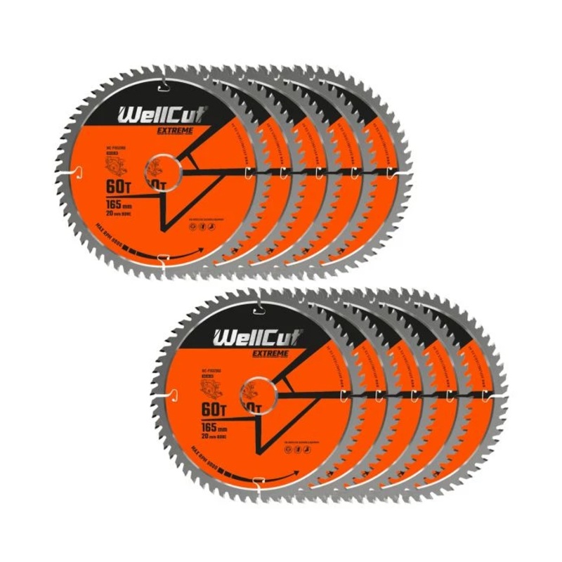 WellCut TCT Circular Saw Blades 165mm x 20mm x 60T Fine Cutting Wood Saw Blades Compatible with all Brands Pack of 10
