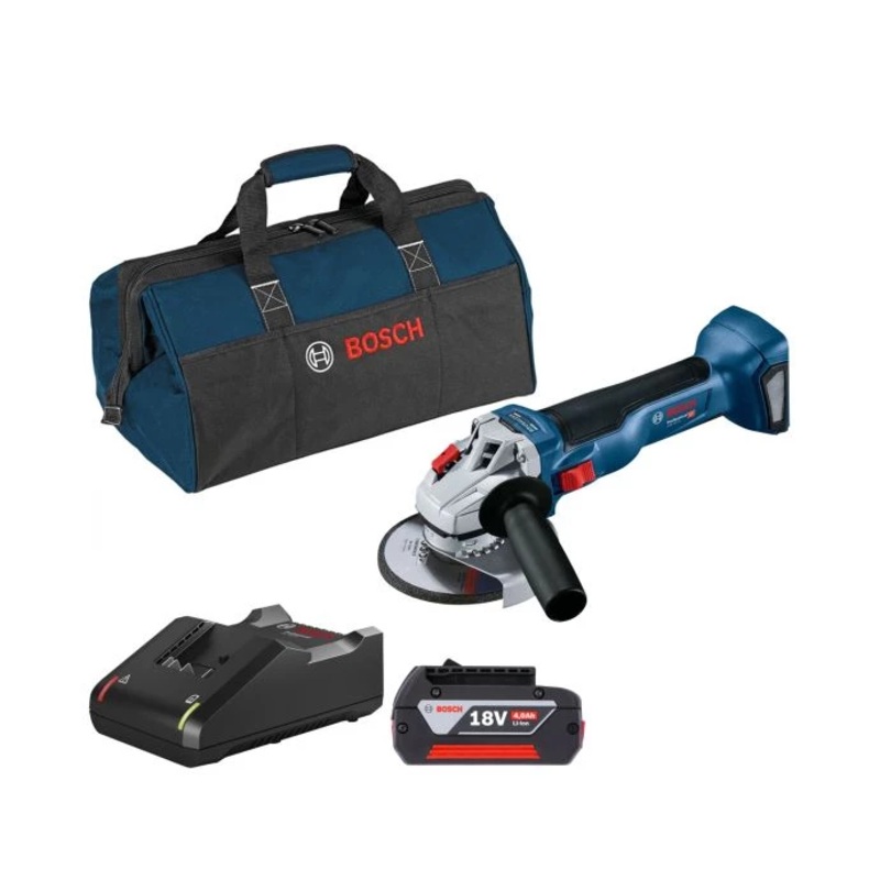 Bosch GWS 18V-10 Cordless Brushless 115mm Angle Grinder With 1 x 4.0Ah Battery, Charger & Tool Bag