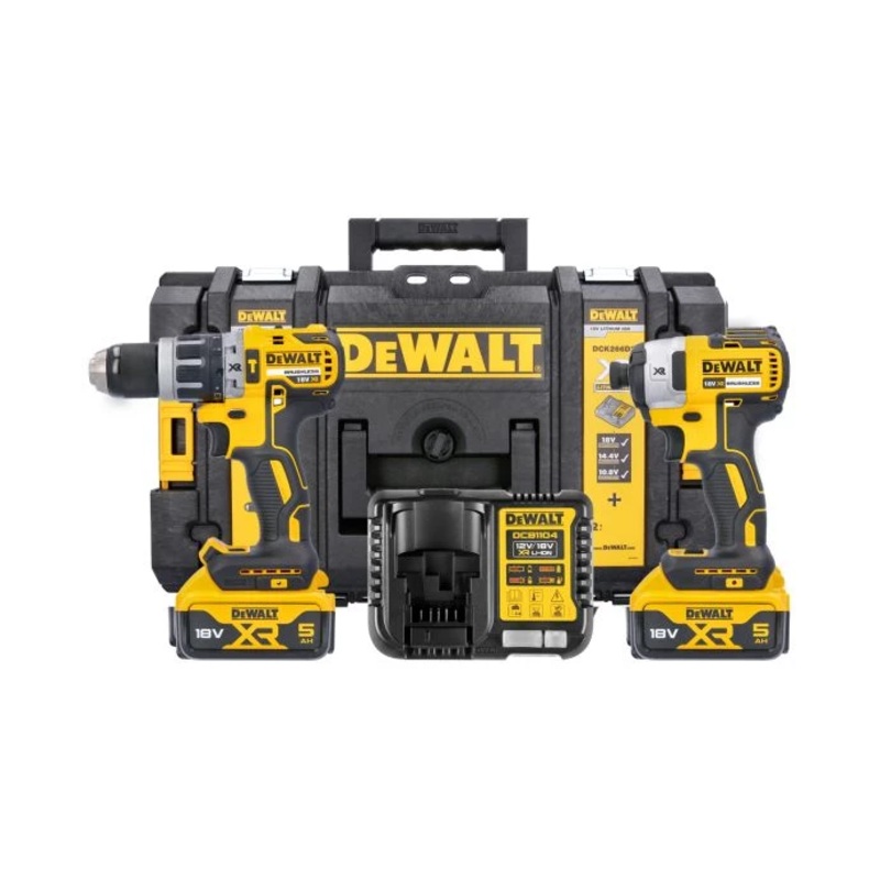 DeWalt DCK266P2 18V Brushless Combi Drill & Impact Driver Twin Pack Kit With Two 5.0Ah Batteries, Charger & DS150 Toughsystem Case
