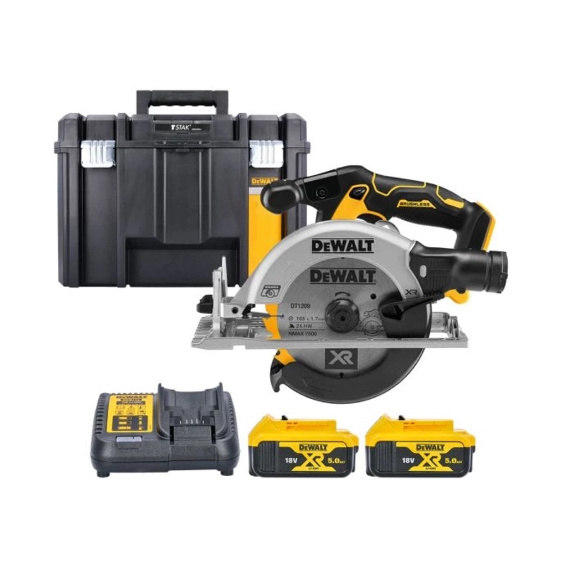 DeWalt DCS565 18V XR Cordless Brushless 165mm Circular Saw With 2 x 5.0Ah Batteries, Charger & TSTAK VI Case