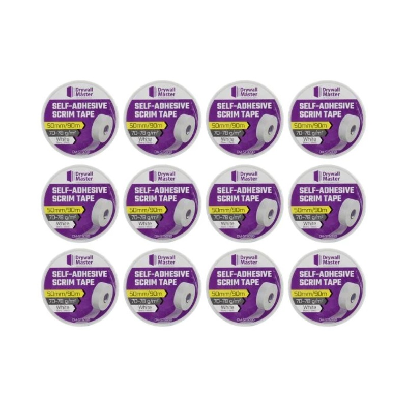 Drywall Master Scrim Tape 50mm x 90m, High Strength Self-Adhesive Fiberglass Mesh Tape Pack of 12