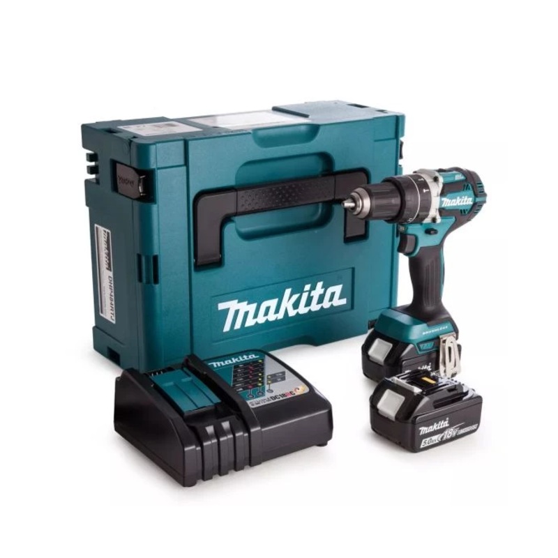 Makita Combi Drill DHP484RTJ 18V LXT Cordless Brushless 1/2″ 2-Speed Keyless Chuck Max 54Nm With 2 x 5.0Ah Batteries, Charger & Carry Case