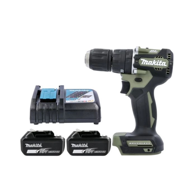 Makita Combi Drill DHP487ZO 18V LXT Cordless Brushless 1/2″ 2-Speed Keyless Chuck Max 40Nm Olive Green With 2 x 3.0Ah Batteries & Charger