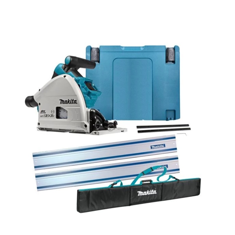 Makita DSP600 Twin 18V Cordless Brushless 165mm Plunge Saw with 2 x 1.5m Guide Rail, Guide Rail Bag & Case