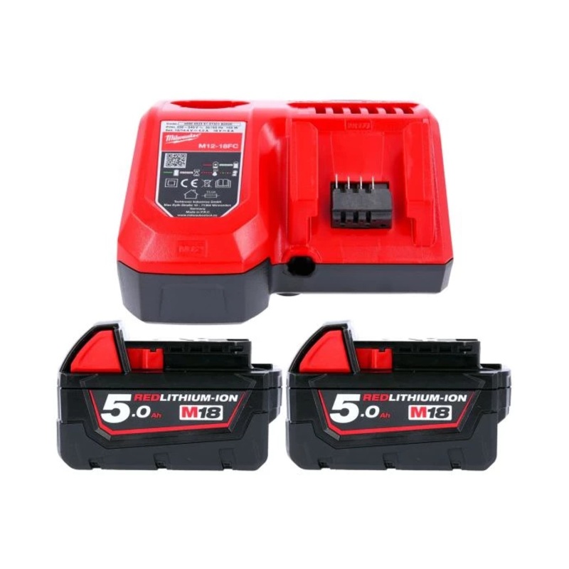Milwaukee 18V Battery Pack 2 x M18B5 5Ah Battery & M12-18FC Charger M18NRG-502