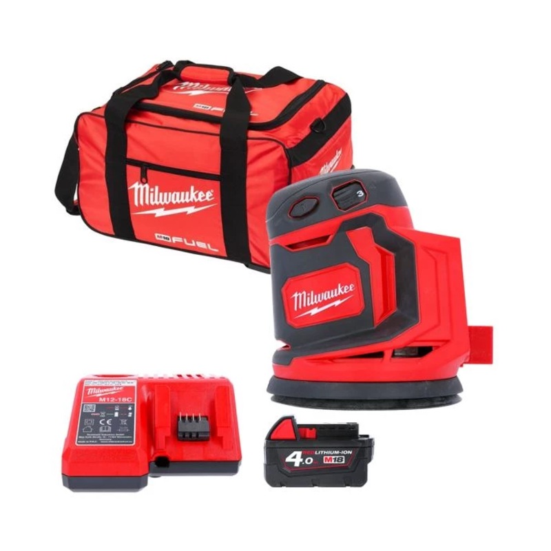 Milwaukee M18BOS125 M18 18V 125mm Random Orbital Sander With 1 x 4.0Ah Battery, M12-18FC Charger& Tool Bag