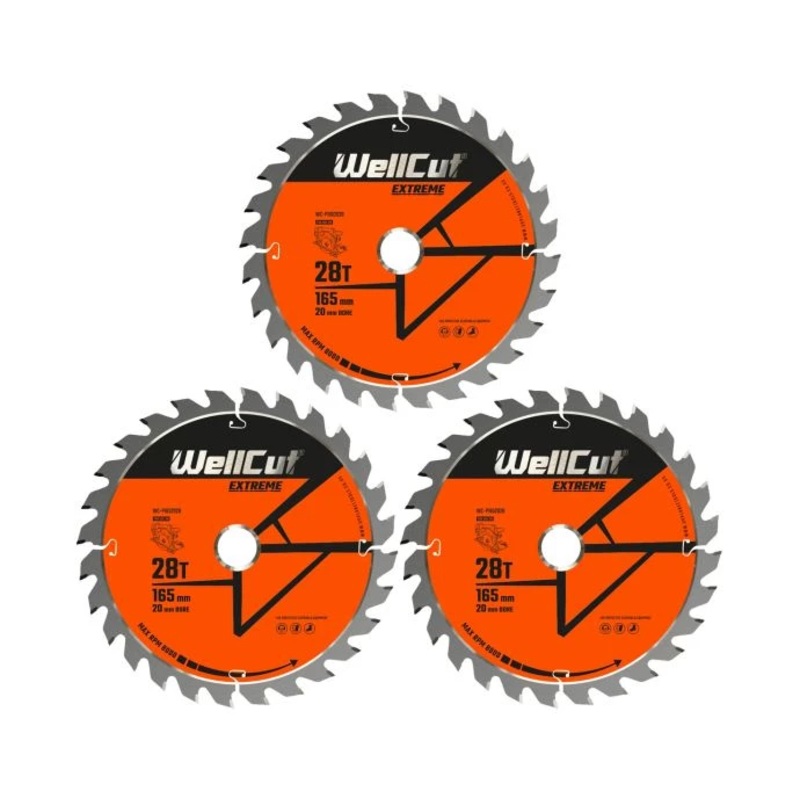 WellCut TCT Circular Saw Blades 165mm x 20mm x 28T Fine Cutting Wood Saw Blades Compatible with all Brands Pack of 3
