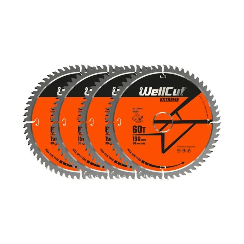 WellCut TCT Circular Saw Blades 190mm x 30mm x 60T Fine Cutting Wood Saw Blades Compatible with all Brands Pack of 4