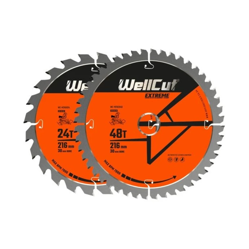 WellCut TCT Circular Saw Blades Mixed Set 216mm x 30mm x 24T/48T Wood Saw Blades Compatible with all Brands Pack of 2