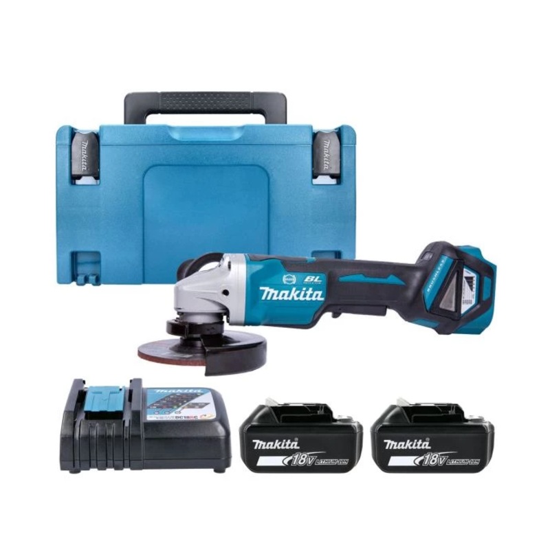 Makita Angle Grinder DGA517Z 18V LXT Cordless 125mm Brushless Paddle Switch With 2 x 5.0Ah Batteries, Charger & Case