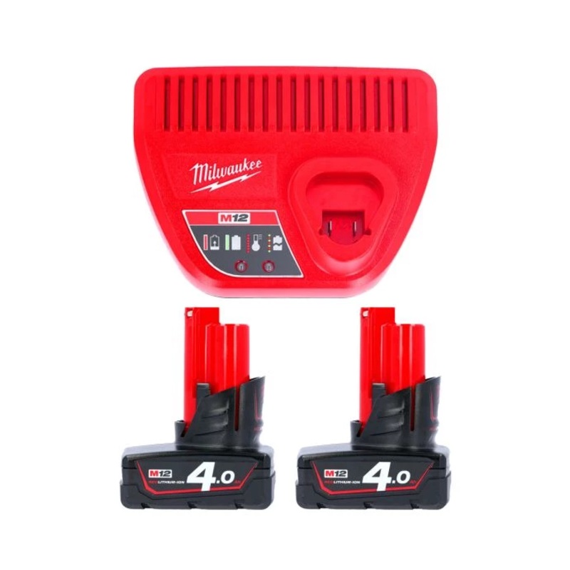 Milwaukee M12B4 12V 4Ah Red Lithium Ion Battery Twin Pack With C12C Charger