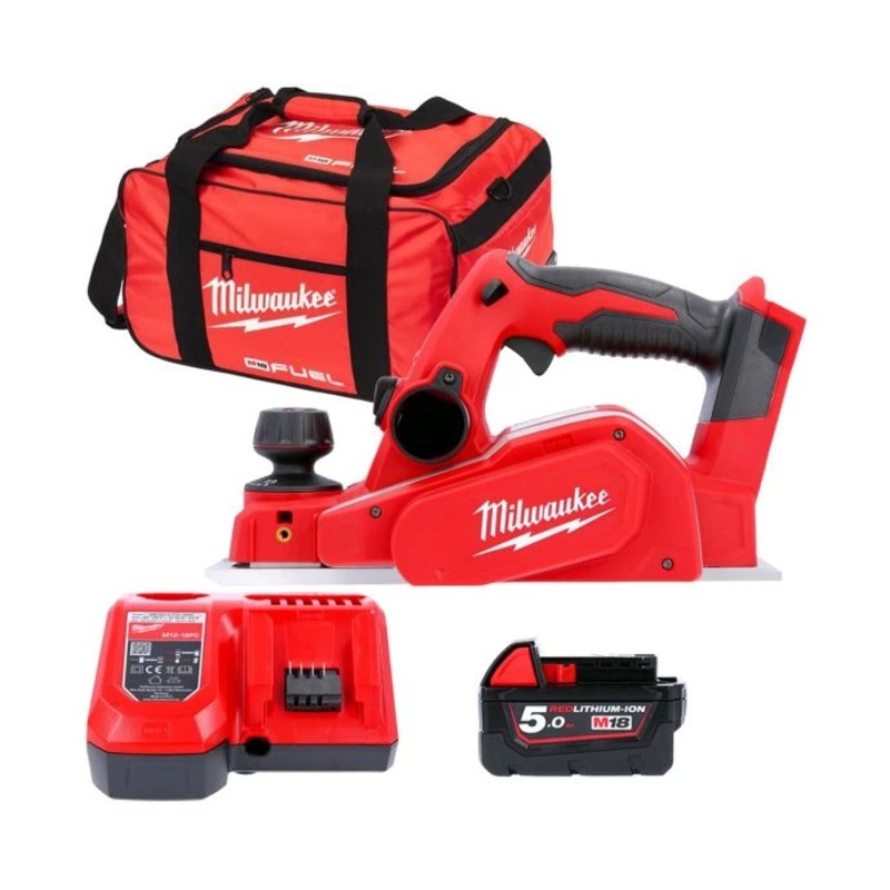 Milwaukee M18BP 18V Li-ion 82mm Cordless Planer With 1 x 5.0Ah Battery, Charger & Tool Bag