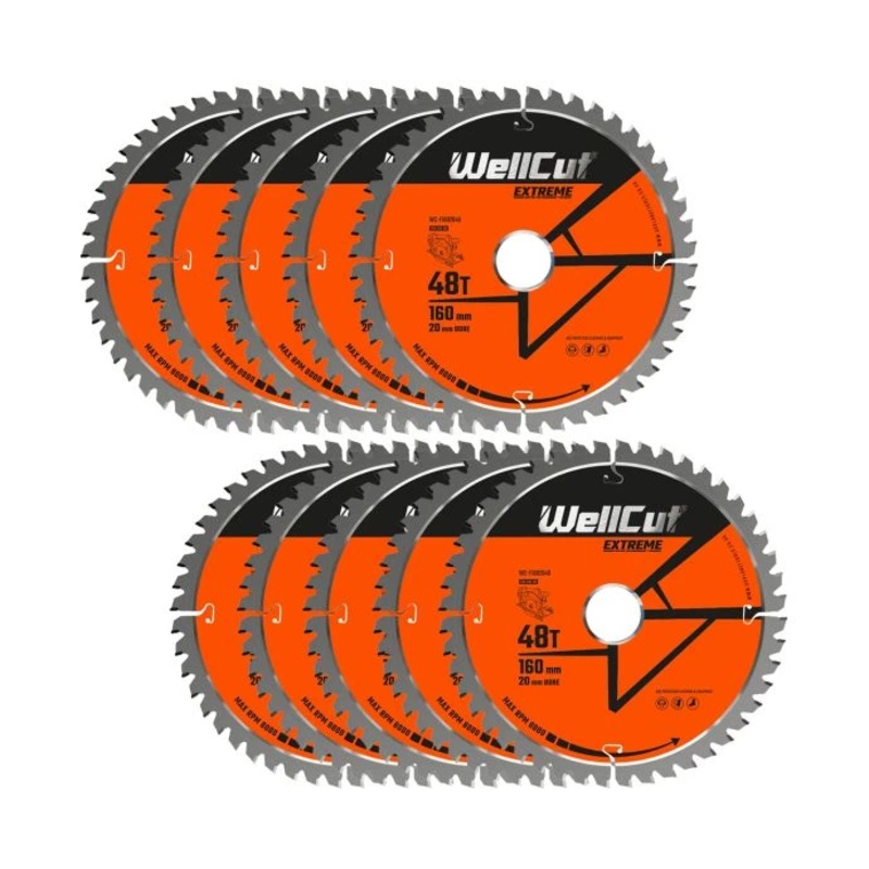 WellCut TCT Circular Saw Blades 160mm x 20mm x 48T Fine Cutting Wood Saw Blades Compatible with all Brands Pack of 10