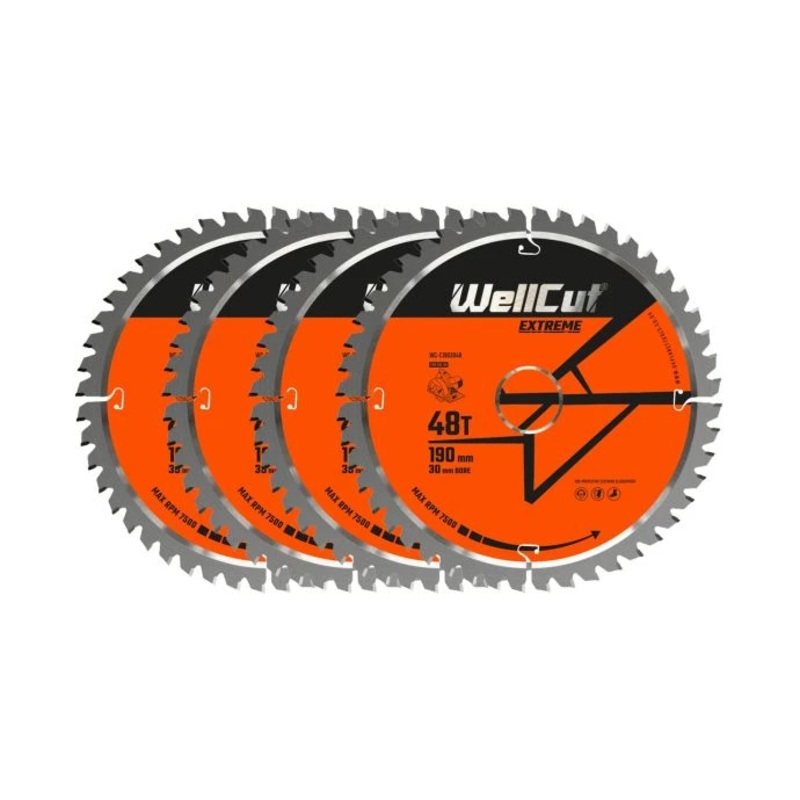 WellCut TCT Circular Saw Blades 190mm x 30mm x 48T Fine Cutting Wood Saw Blades Compatible with all Brands Pack of 4