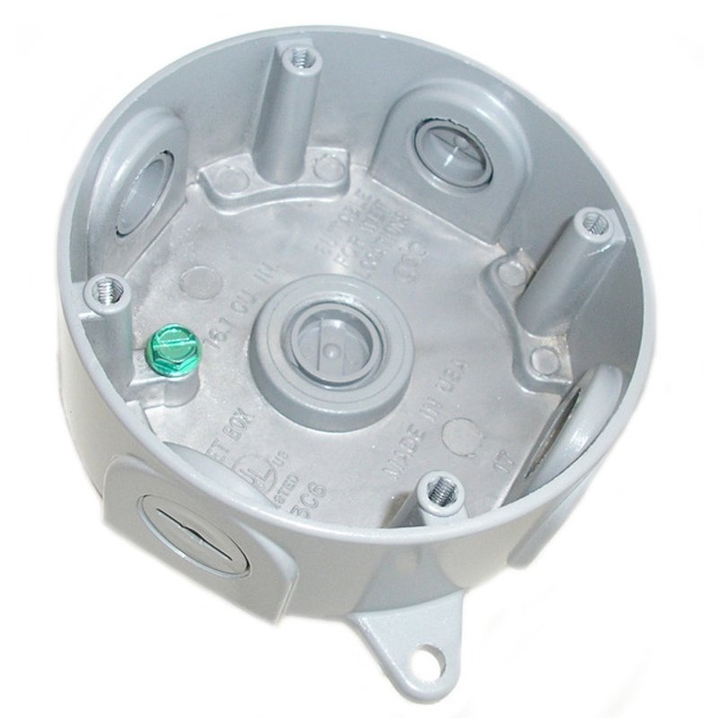 Weatherproof Round Box (4) 1/2 Outlets 1-1/2 Deep Aluminum Gray By Mulberry Metal 30316