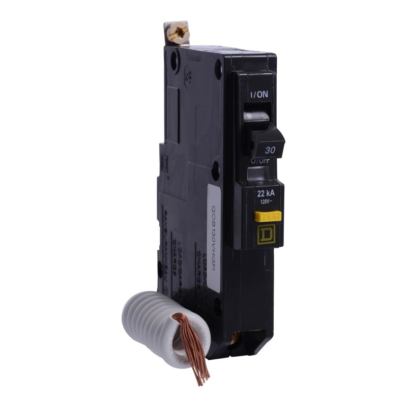 Mini circuit breaker QO 30A 1P 120VAC 22kA 6mA grd fault A pigtail bolt on mount By Square D QOB130VHGFI