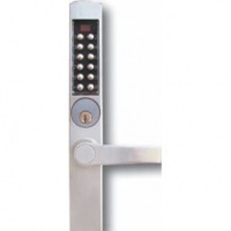 Kaba E-Plex 3200 Series Model # E3265BNL Narrow Stile electronic keyless lock Lever with Interchangeable Core Key Override (less core) – 3000 User Codes and PC Programming – KAL DOOR HARDWARE